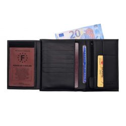 Portefeuille "Luxe" en cuir noir - 15 cm, 3 volets - PM-005-01