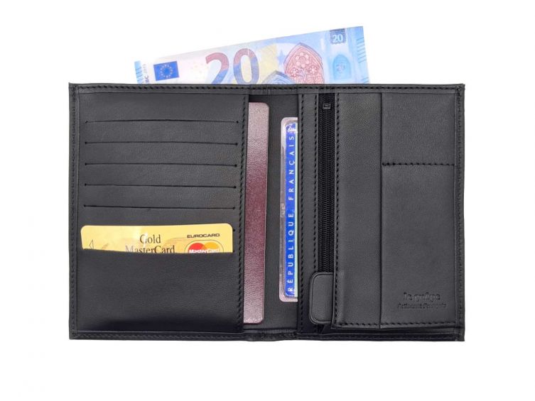 Portefeuille "Luxe" en cuir noir - 15 cm, 2 volets - PM-006-01