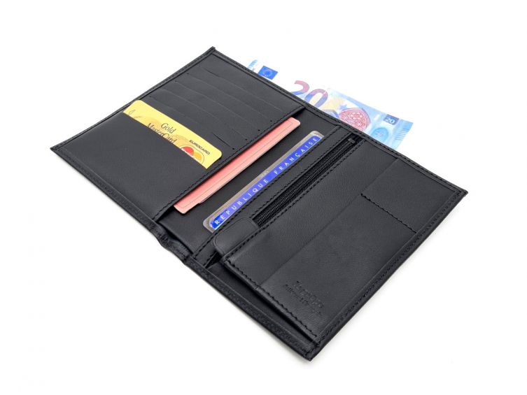 Portefeuille "Luxe" en cuir noir - 15 cm, 2 volets - PM-006-01