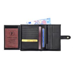 Portefeuille "Luxe" en cuir noir - 15 cm, 3 volets avec patte - PM-009-01