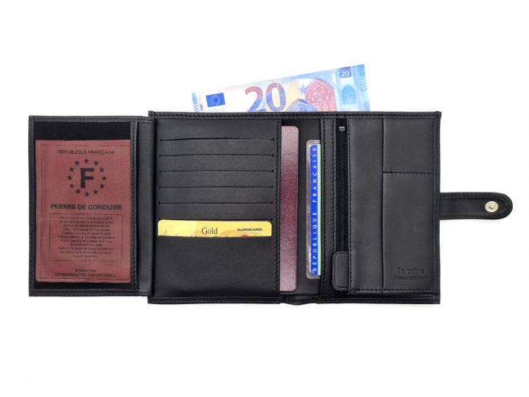 Portefeuille "Luxe" en cuir noir - 15 cm, 3 volets avec patte - PM-009-01