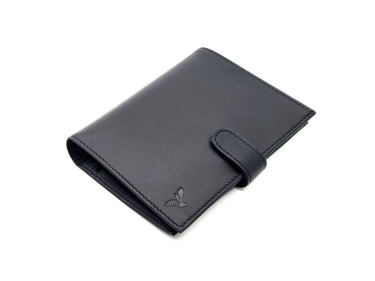 Portefeuille "Luxe" en cuir noir - 15 cm, 3 volets avec patte - PM-009-01
