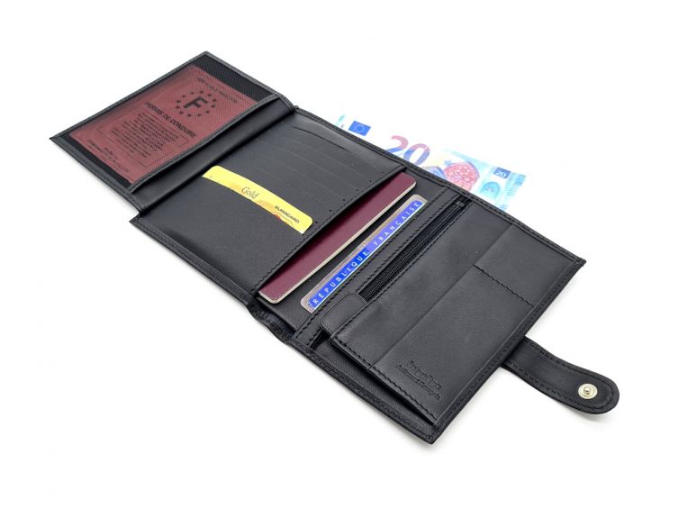 Portefeuille "Luxe" en cuir noir - 15 cm, 3 volets avec patte - PM-009-01
