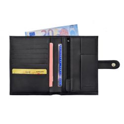 Portefeuille "Luxe" en cuir noir - 15 cm, 2 volets avec patte - PM-010-01