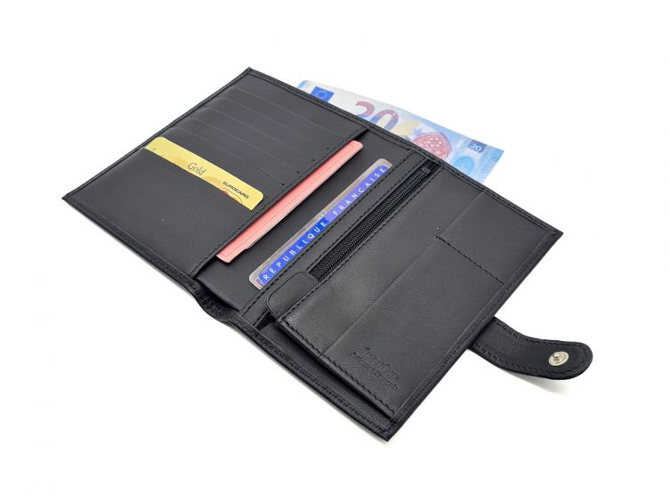 Portefeuille "Luxe" en cuir noir - 15 cm, 2 volets avec patte - PM-010-01