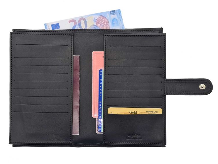 Compagnon "Luxe" en cuir noir - double avec patte - PM-027-01