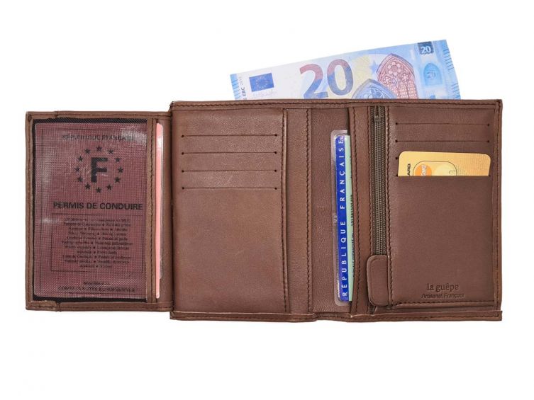 Portefeuille "Luxe" en cuir marron - 13 cm, 3 volets - PM-002-01