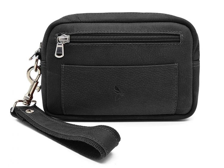 Sacoche à main et passant de ceinture, en cuir noir