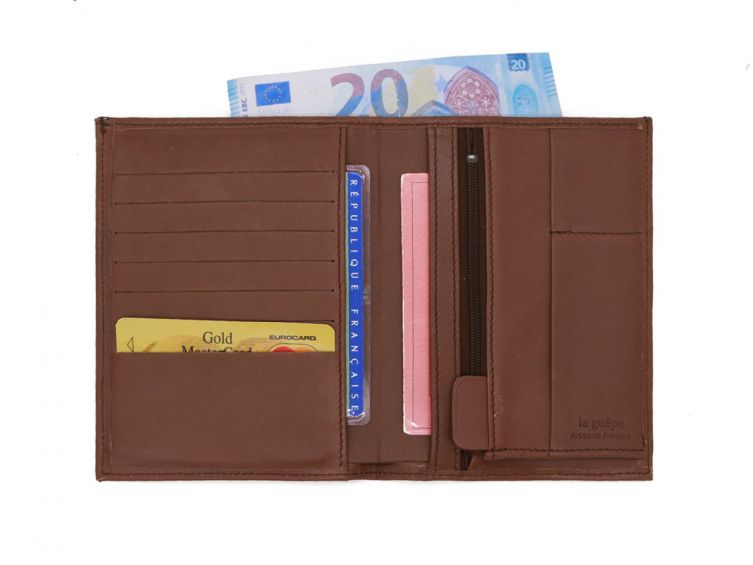 Portefeuille "Luxe" en cuir marron - 15 cm, 2 volets - PM-006-01