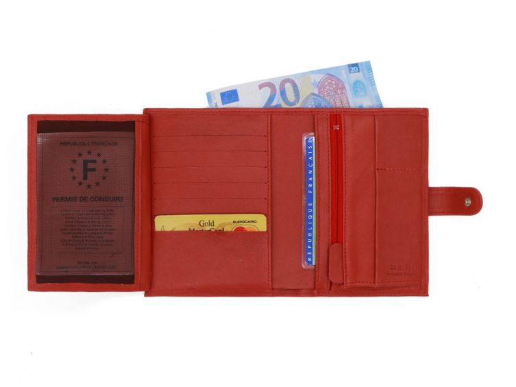 Portefeuille "Luxe" en cuir rouge - 15 cm, 3 volets avec patte - PM-009-01