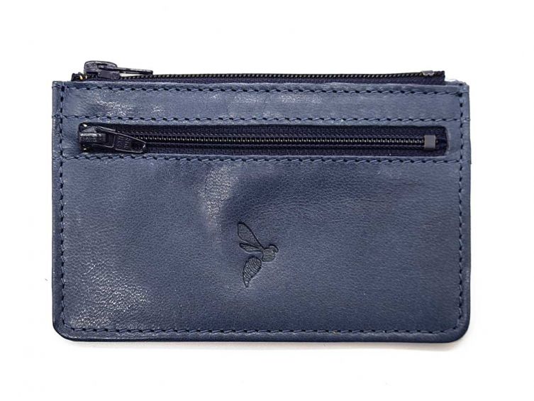 Porte-monnaie simple 2 zip "Luxe" tout cuir bleu - PM-044-01