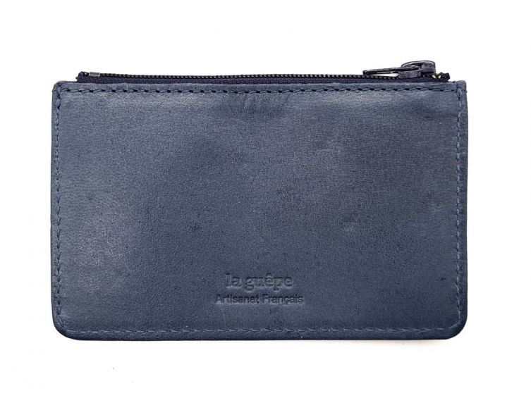 Porte-monnaie simple 2 zip "Luxe" tout cuir bleu - PM-044-01