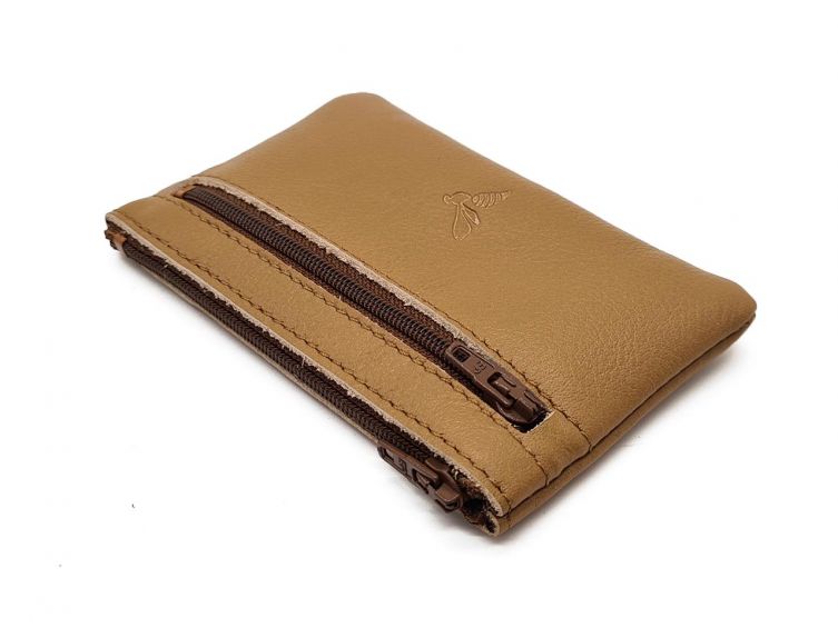 Porte-monnaie simple 2 zip tout cuir caramel - PM-044-02