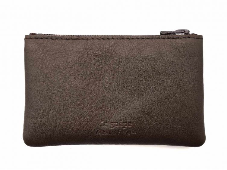 Porte-monnaie simple 2 zip tout cuir marron - PM-044-02