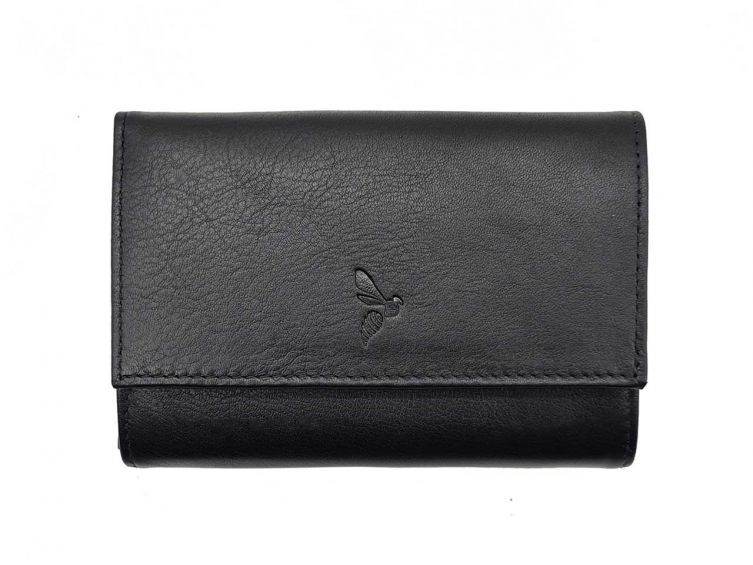 Porte-monnaie à rabat et fermoir, cuir noir - 657