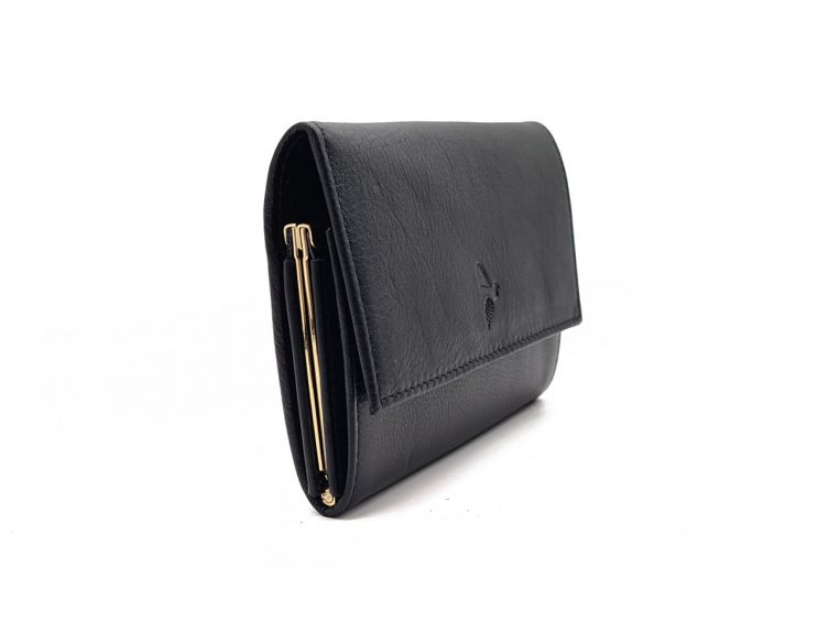 Porte-monnaie à rabat et fermoir, cuir noir - 657