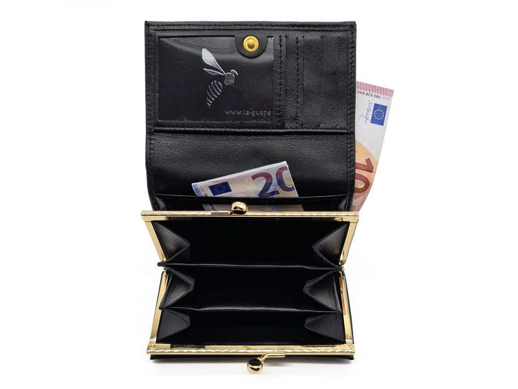 Porte-monnaie à rabat et fermoir, cuir noir - 657