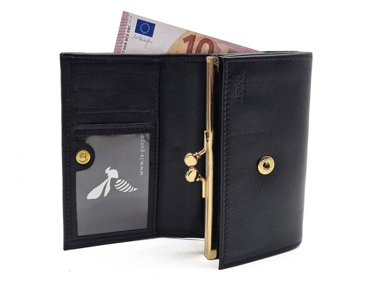 Porte-monnaie à rabat et fermoir, cuir noir - 657