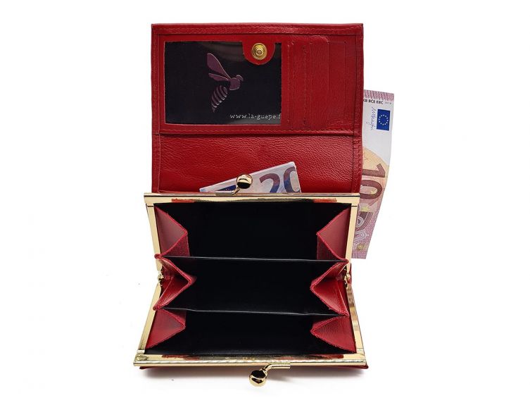 Porte-monnaie à rabat et fermoir, cuir rouge - 657