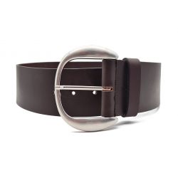 Ceinture large en cuir marron, boucle arrondie couleur argent satinée, hauteur 60mm 4072