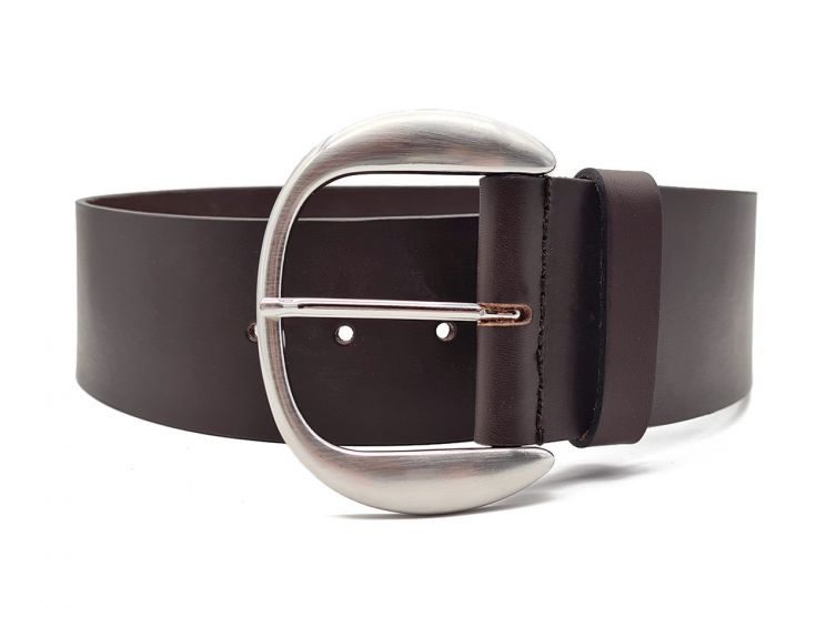 Ceinture large en cuir marron, boucle arrondie couleur argent satinée, hauteur 60mm 4072