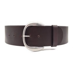Ceinture large en cuir marron, boucle arrondie couleur argent satinée, hauteur 60mm 4072