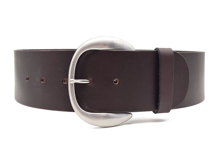 Ceinture large en cuir marron, boucle arrondie couleur argent satinée, hauteur 60mm 4072
