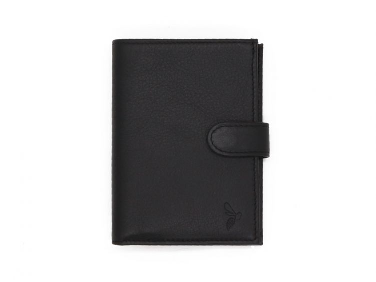 Portefeuille en cuir noir - 13 cm, 2 volets avec patte - PM-008-02