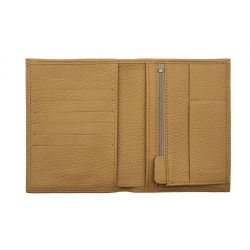Portefeuille en cuir grainé beige - 15 cm, 2 volets - PM-006-05