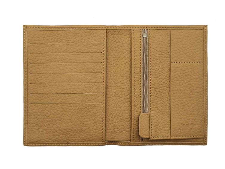 Portefeuille en cuir grainé beige - 15 cm, 2 volets - PM-006-05