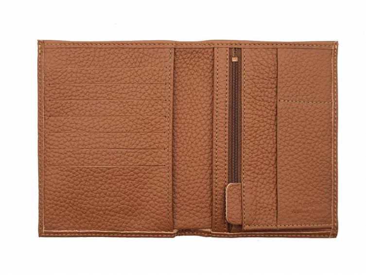 Portefeuille en cuir grainé marron - 15 cm, 2 volets - PM-006-05