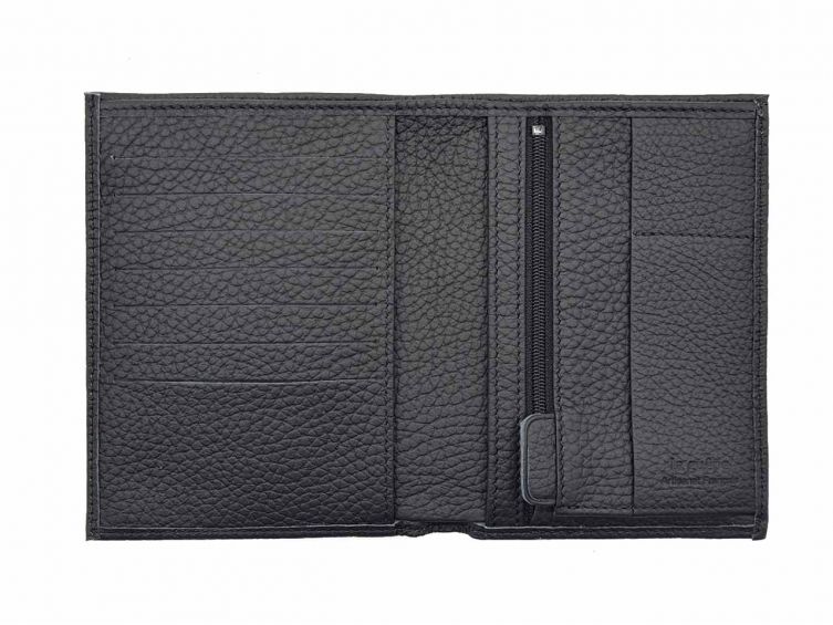 Portefeuille en cuir grainé noir - 15 cm, 2 volets - PM-006-05