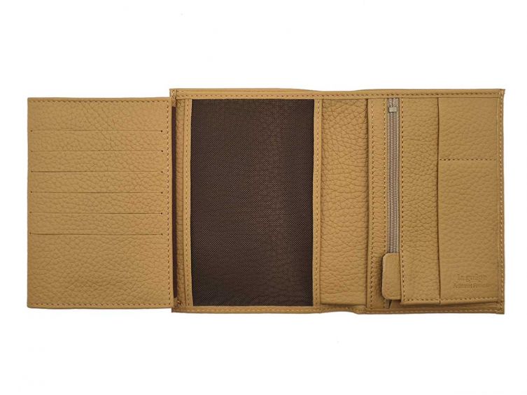 Portefeuille en cuir grainé beige - 15 cm 4 volets - PM-019-05