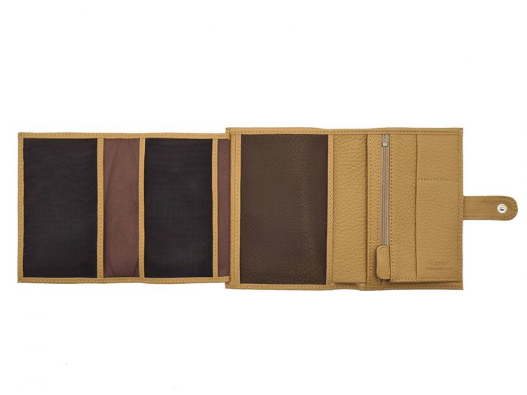 Portefeuille en cuir grainé beige avec patte - 15 cm 4 volets - PM-020-05