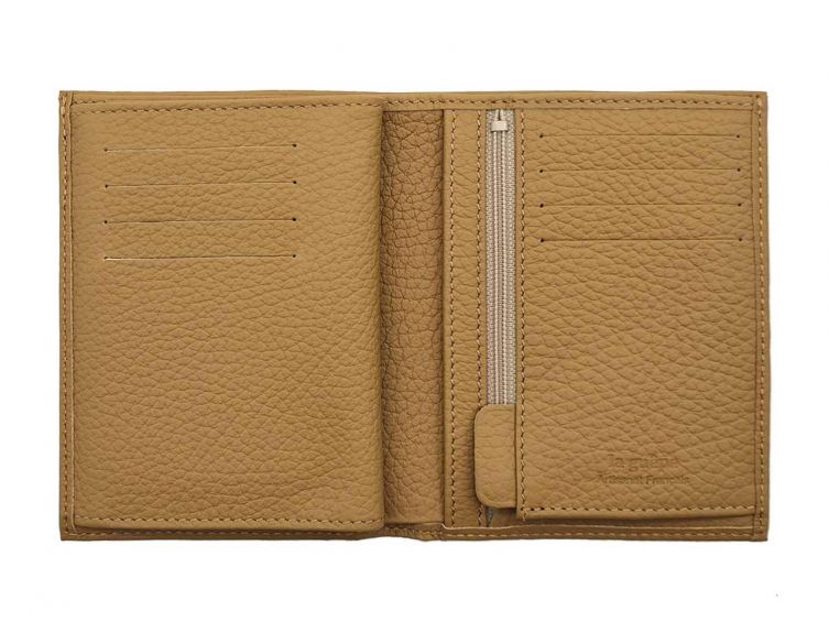 Portefeuille en cuir grainé beige - 13 cm - PM-028-05