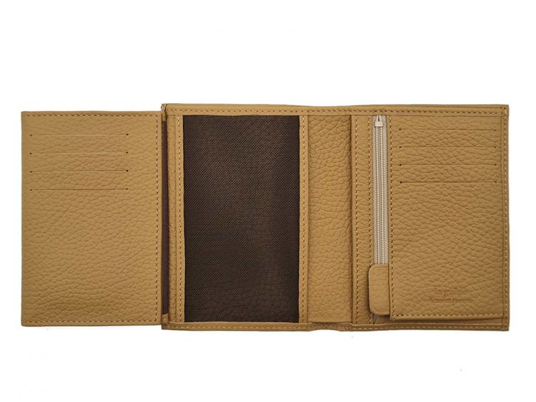 Portefeuille en cuir grainé beige - 13 cm - PM-028-05