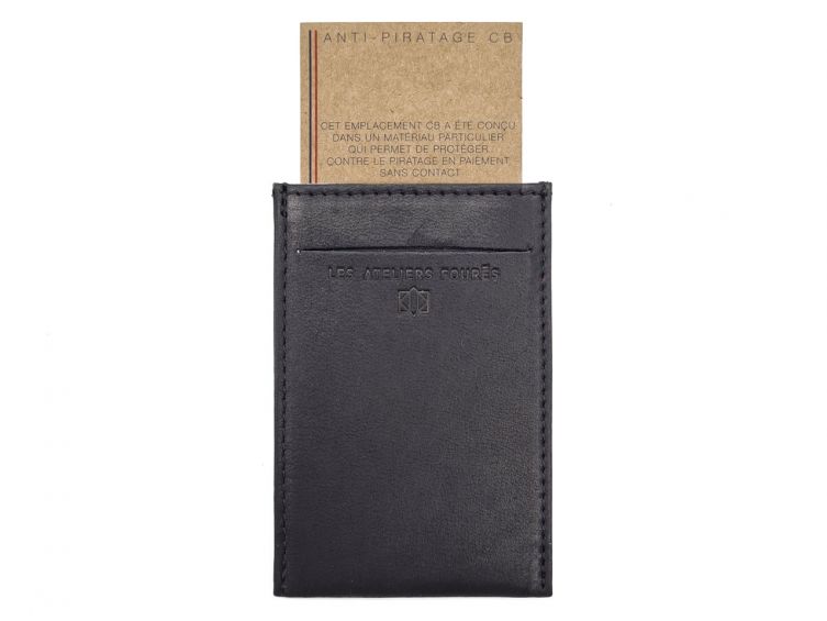 Porte-carte en cuir noir - 3 cartes - anti RFID - B01 X
