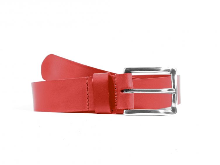 Ceinture cuir rouge, boucle rectangle acier poli 4032