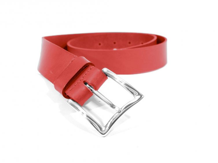 Ceinture cuir rouge, boucle rectangle acier poli 4032