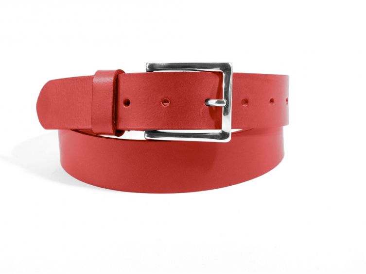 Ceinture cuir rouge, boucle rectangle acier poli 4032