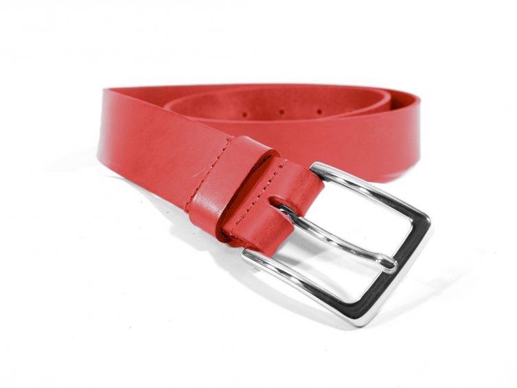 Ceinture cuir rouge, boucle élégante acier poli 4037