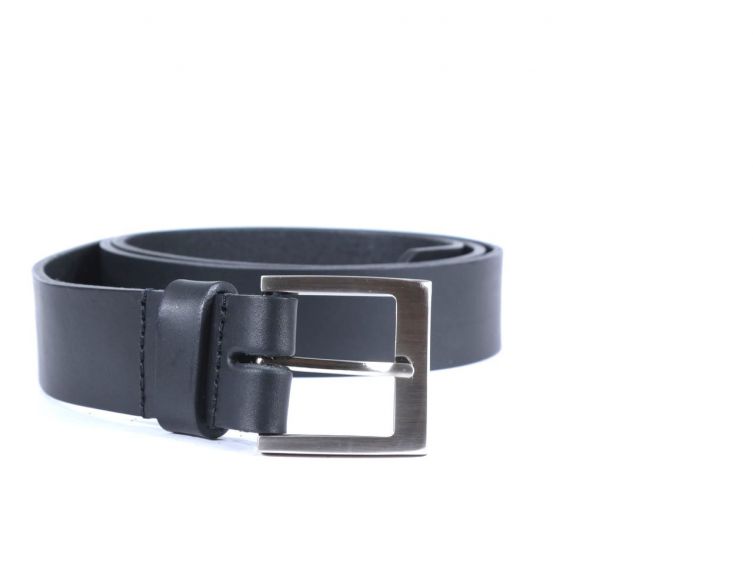 Ceinture cuir noir, boucle carrée acier satiné 4046