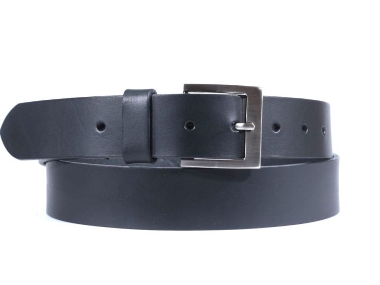 Ceinture cuir noir, boucle carrée acier satiné 4046