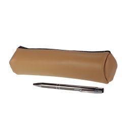 Grande trousse ronde en cuir beige café latte