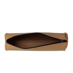 Grande trousse ronde en cuir beige café latte
