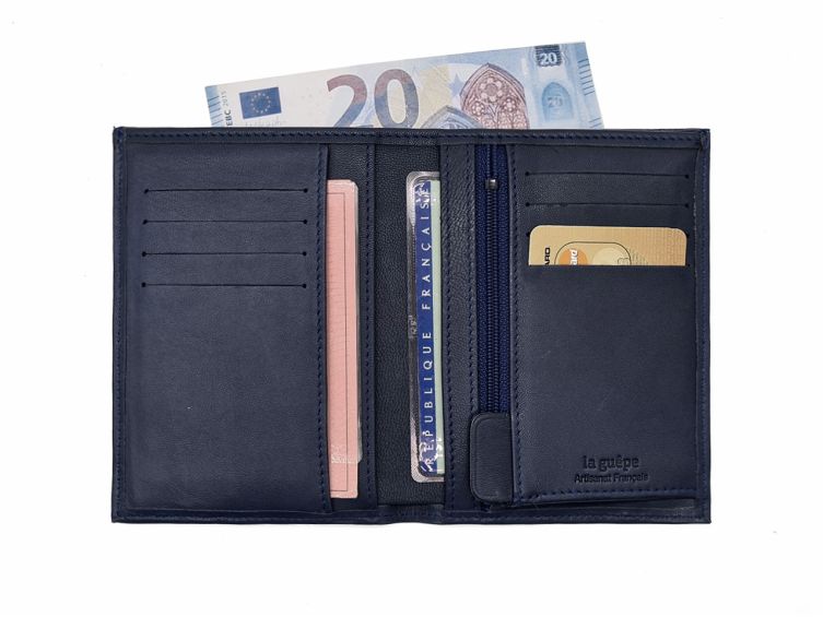 Portefeuille "Luxe" en cuir bleu - 13 cm, 2 volets - PM-001-01