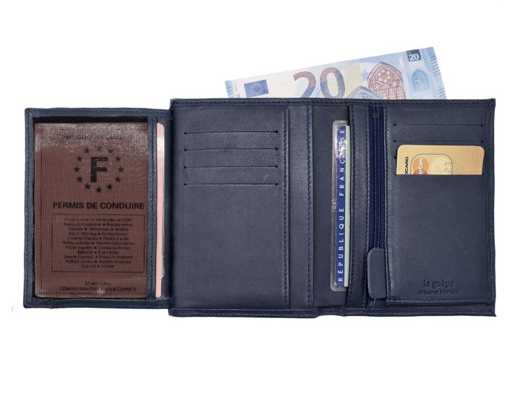 Portefeuille "Luxe" en cuir bleu - 13 cm, 3 volets - PM-002-01