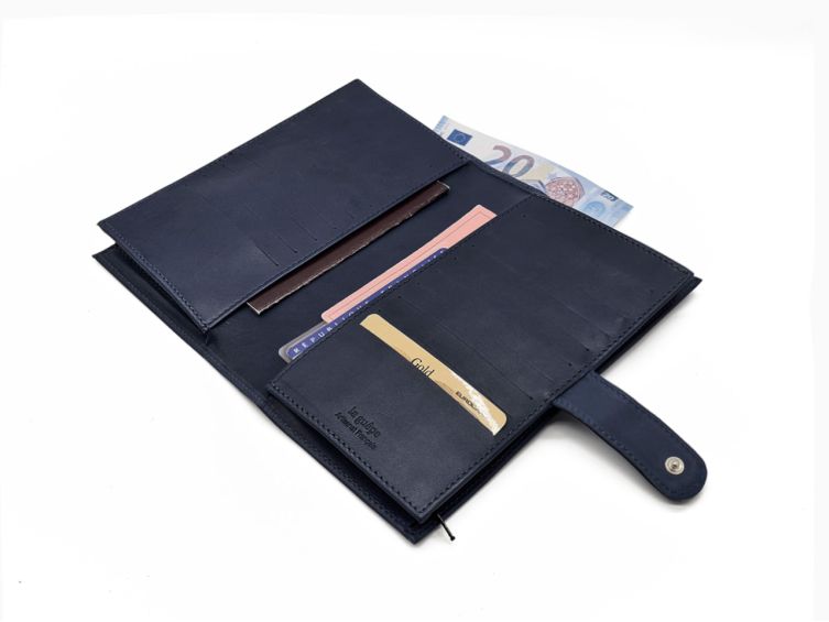 Compagnon "Luxe" en cuir bleu - double avec patte - PM-027-01