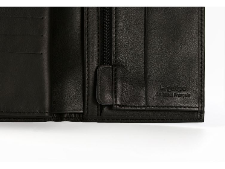 Portefeuille "Luxe" en cuir noir - 15 cm 4 volets - PM-019-01