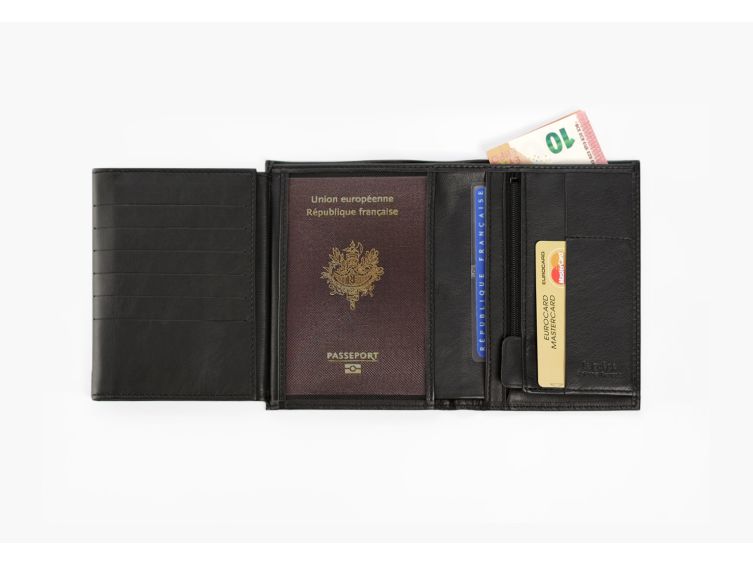 Portefeuille "Luxe" en cuir noir - 15 cm 4 volets - PM-019-01